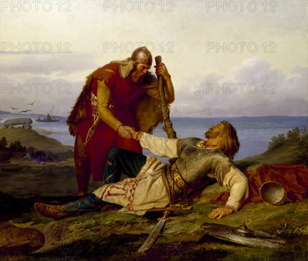 Hjalmar bids farewell to Örvar-Oddr after the Battle of Samsø, 1866. Creator: Winge, Marten Eskil (1825-1896).