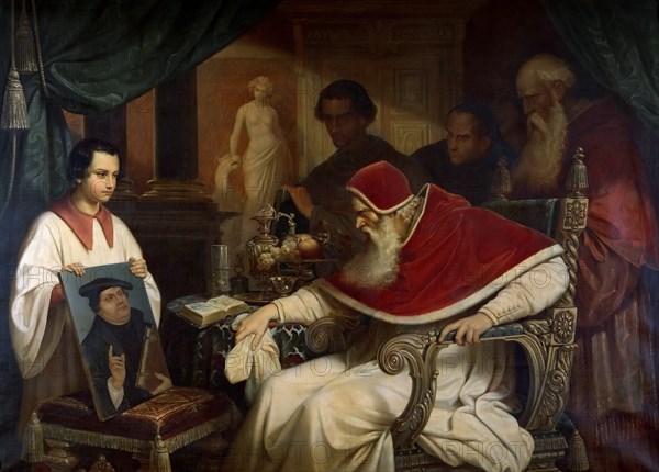 Pope Paul III (1468-1549) viewing Cranach's Portrait of Luther, 1838-1839. Creator: Schorn, Karl (1800-1850).