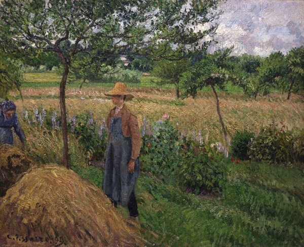 Gardener standing by a haystack, overcast sky, Eragny, 1899. Creator: Pissarro, Camille (1830-1903).