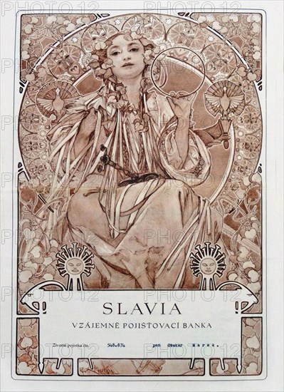 Insurance policy of of Slavia Insurance Company, 1942. Creator: Mucha, Alfons Marie (1860-1939).