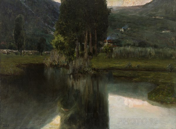 Lake with cypresses and houses, 1923. Creator: Wolf Ferrari, Teodoro (1878-1945).
