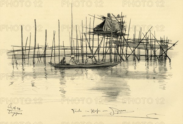 House on stilts and fishermen in Singapore Harbour, 1898. Creator: Christian Wilhelm Allers.