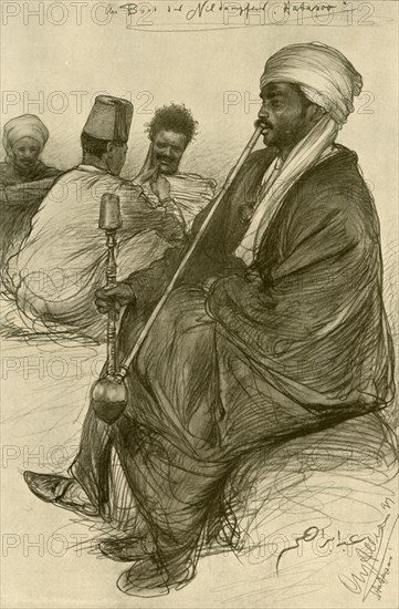 Man smoking a water pipe on board the 'Hatasoo' steamboat, Egypt, 1898. Creator: Christian Wilhelm Allers.