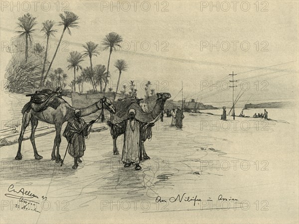 Camel-drivers on the banks of the Nile at Aswan, Egypt, 1898. Creator: Christian Wilhelm Allers.