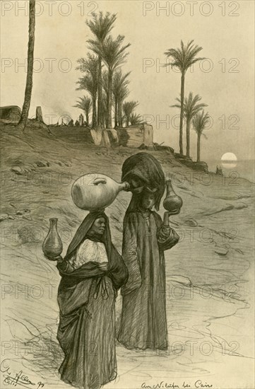 Women carrying water pots on the banks of the Nile, Cairo, Egypt, 1898.  Creator: Christian Wilhelm Allers.