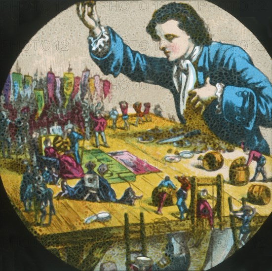 Gulliver with the Lilliputians, lantern slide, late 19th century.  Creator: Unknown.