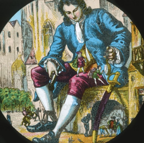 The Lilluputians climb on Gulliver, lantern slide, late 19th century.  Creator: Unknown.