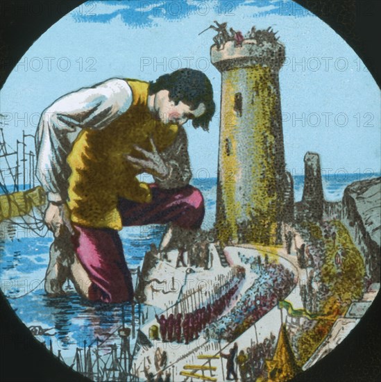 Gulliver is thanked by the emperor of Lilliput..., lantern slide, late 19th century.  Creator: Unknown.