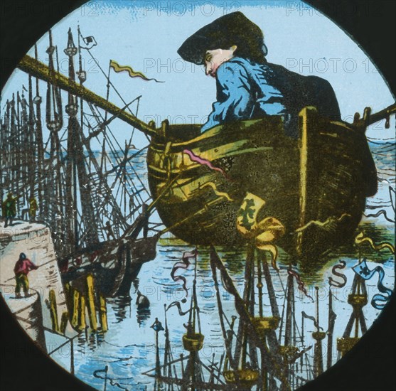 Gulliver leaves Lilliput, lantern slide, late 19th century. Creator: Unknown.