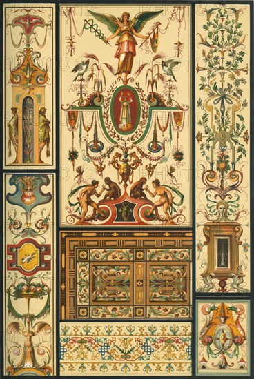 German Renaissance ceiling and wall painting, wood mosaic and embroidery, (1898). Creator: Unknown.