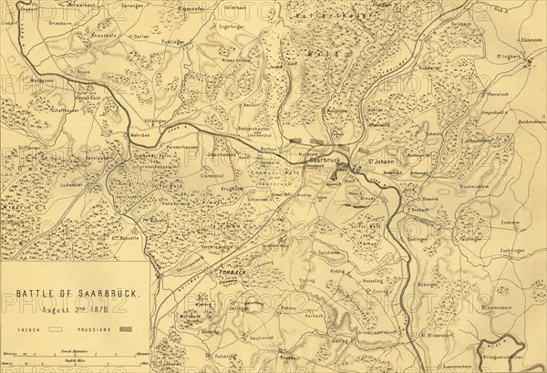 Map of the Battle of Saarbrücken, 2 August 1870, (c1872). Creator: R. Walker.