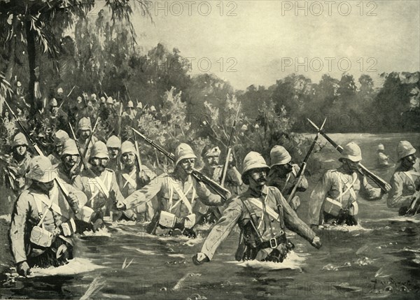 'The Battle of Modder River - The Argyll and Sutherland Highlanders Crossing the Drift', 1900. Creator: Allan Stewart.