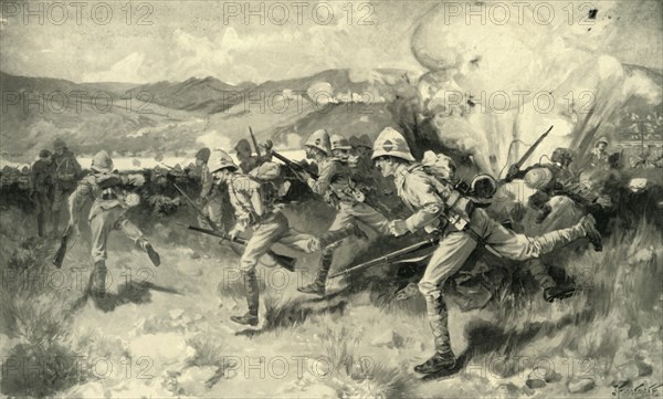 'The Battle of Colenso - Queen's (Royal West Surrey) Regiment Leading the Central Attack', 1900. Creator: Joseph Finnemore.