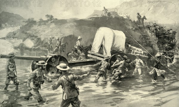 'Taking the 4.7 Naval Gun Across The Tugela', 1900. Creator: Joseph Finnemore.