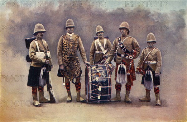 'Private, Drummers, Piper, and Bugler - The Black Watch', 1900. Creator: Knight.