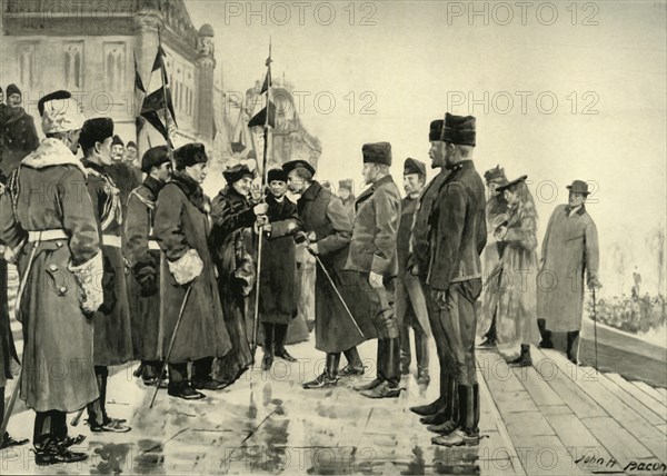 'Lady Minto Presenting Colours to Herchmer's Horse, on Leaving Ottawa, 19th Jan. 1900', 1900. Creator: John Henry Frederick Bacon.