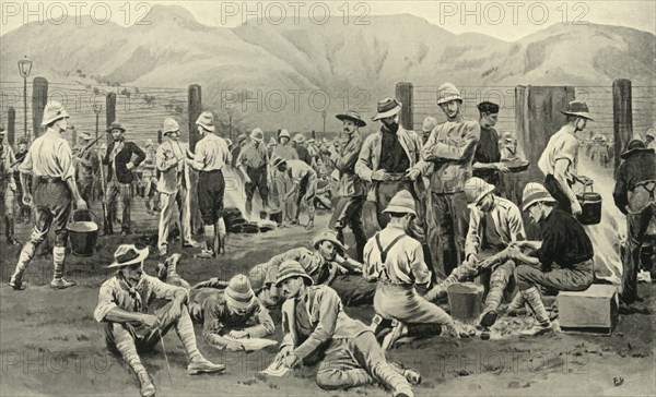 'British Prisoners Waiting for Release: The Camp at Nooitgedacht', 1901. Creator: Frank Dadd.