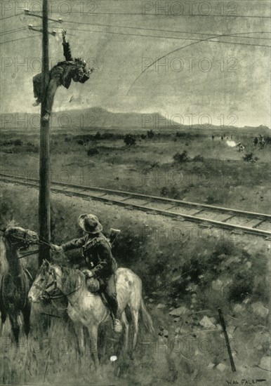 'Boers Caught in the Act of Cutting the Telegraph Wires', 1902. Creators: Walter Paget, Caxton Publishing Company.