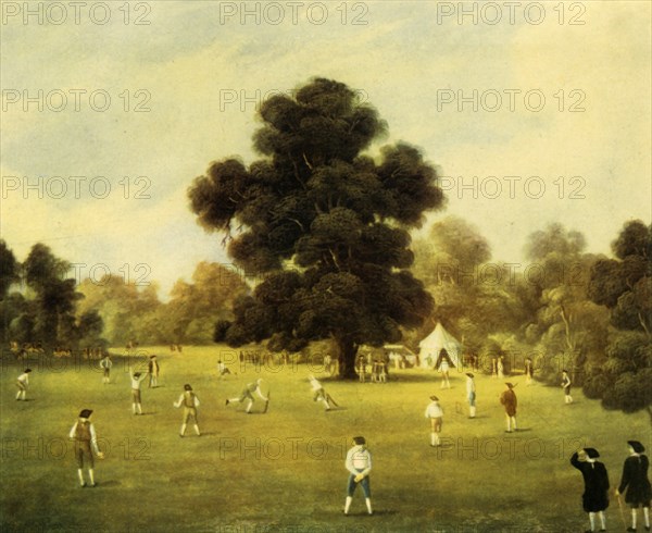 'Lords and Gentlemen of Surrey and Kent Playing Cricket at Knole Park, Kent, 1775', 1947. Creator: Unknown.