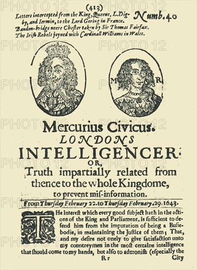 Front page of "Mercurius Civicus: London's Intelligencer", February 1643, (1945).  Creator: Unknown.
