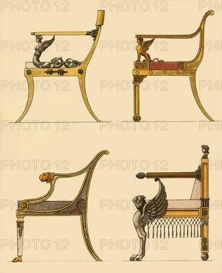 Drawing room chairs, 1808, (1946). Creator: Unknown.