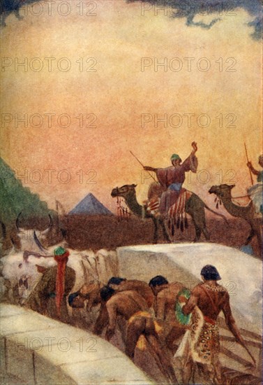 'Hauling Blocks of Stone for the Pyramids', 1915. Creator: Evelyn Paul.