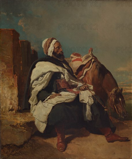 Seated Arab Man with Horse, possibly ca. 1850-58. Creator: Alfred Dedreux.