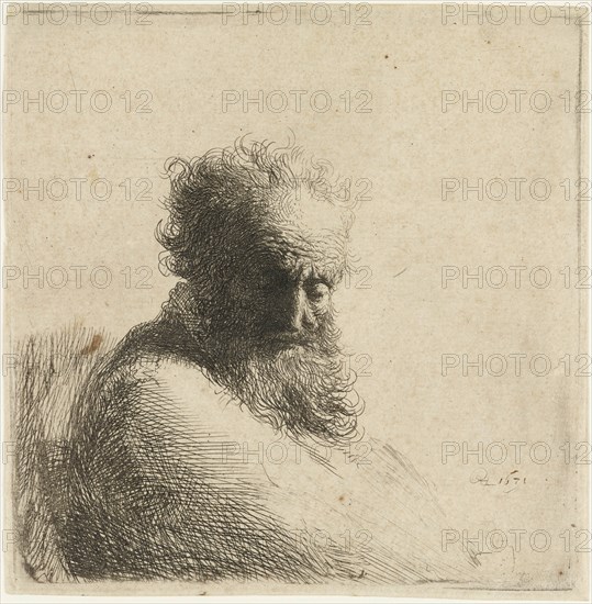 Bust of an old bearded Man, looking down, three quarters right, 1631. Creator: Rembrandt Harmensz van Rijn.