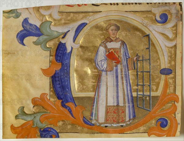 Manuscript Illumination with Saint Lawrence in an Initial C, from a Gradual, ca. 1380-90. Creator: Simone Camaldolese.