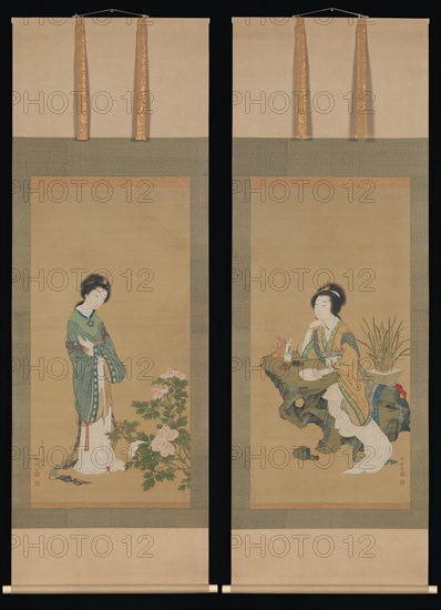 Yanji with Orchids and Yang Guifei with Peonies, 1785. Creator: Genki.