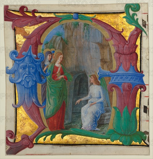 Manuscript Illumination with the Holy Women at the Tomb in an Initial A..., ca. 1490-1500. Creator: Girolamo dai Libri.