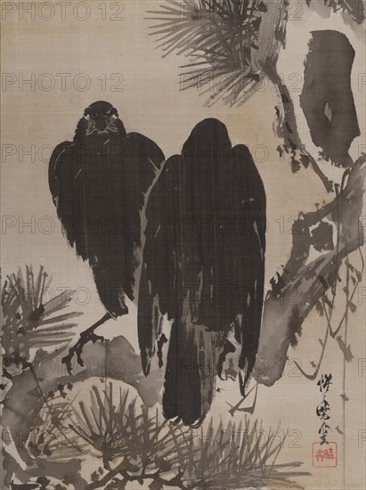 Two Crows on a Pine Branch, ca. 1887. Creator: Kawanabe Kyosai.