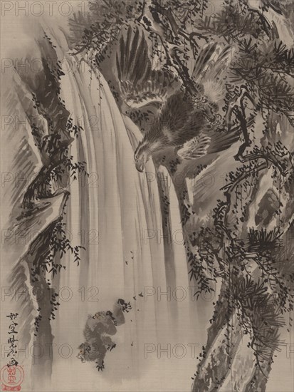 Waterfall, Eagle and Monkey, ca. 1887. Creator: Kawanabe Kyosai.
