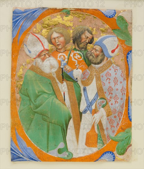 Manuscript Illumination with Four Saints in an Initial O, from a Choir Book, 1440-50. Creator: Master of the Murano Gradual.
