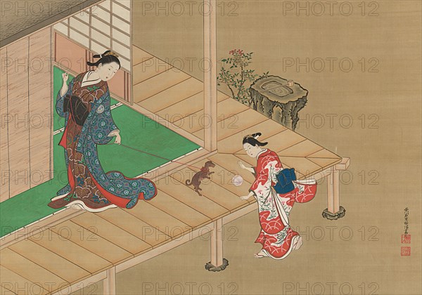 Courtesan and Attendant Playing with a Dog, ca. 1716-1736. Creator: Nishikawa Sukenobu.