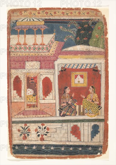Radha and Her Confidant Sit in an Open Room: Page from a Dispersed Rasikapriya , ca. 1680-90. Creator: Unknown.