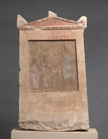 Painted limestone funerary slab with a soldier and two girls, 2nd half of 3rd century B.C. Creator: Unknown.