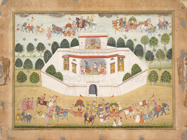 Krishna and Balarama within a Walled Palace: Page from a Dispersed Bhagavata Purana..., ca. 1700.    Creator: Unknown.