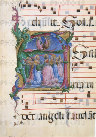 Manuscript Illumination with the Assumption of the Virgin in an Initial A..., 1450-60. Creator: Cosmè Tura.
