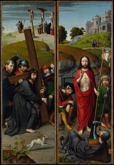 Christ Carrying the Cross, with the Crucifixion; The Resurrection, with the Pilgrims..., ca. 1510. Creator: Gerard David.