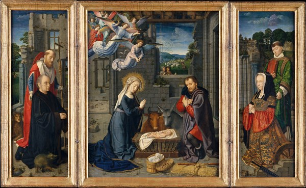 The Nativity with Donors and Saints Jerome and Leonard, ca. 1510-15. Creator: Gerard David.