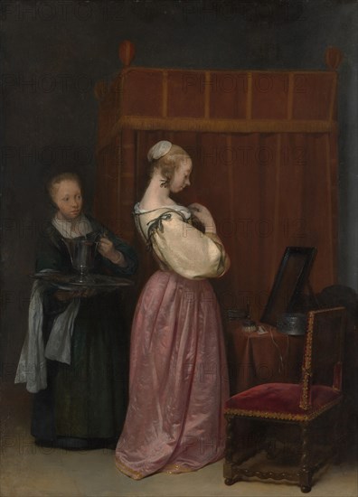A Young Woman at Her Toilet with a Maid, ca. 1650-51. Creator: Gerard Terborch II.