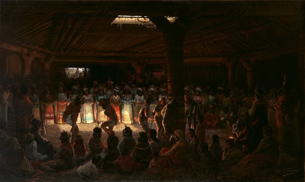 Dance in a Subterranean Roundhouse at Clear Lake, California, 1878. Creator: Jules Tavernier.