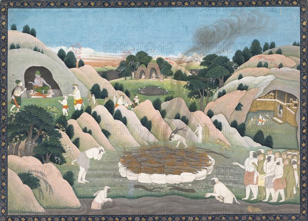 The Monkey King Vali's Funeral Pyre: Illustrated folio from a dispersed Ramayana series , ca. 1780. Creator: Workshop active in the First generation after Nainsukh (active ca. 1735-78).