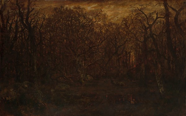 The Forest in Winter at Sunset, ca. 1846-67. Creator: Theodore Rousseau.