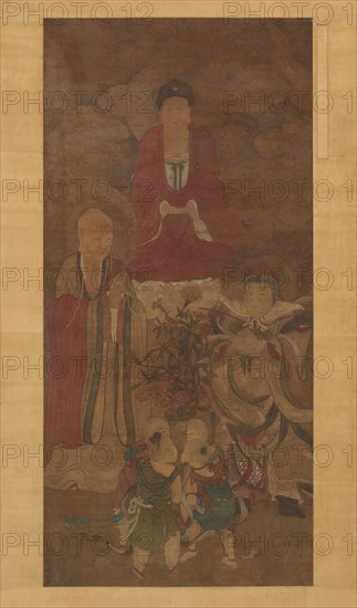 Shakyamuni with luohan, heavenly king, and boys, early 17th century. Creator: Unknown.