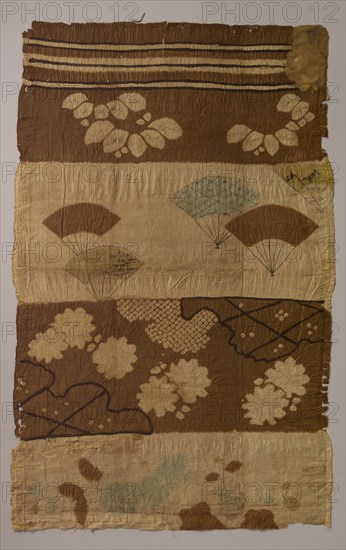 Tsujigahana Textile with Horizontal Stripes, Flowering Plants, Fans, Snowflakes..., ca. late 16th ce Creator: Unknown.