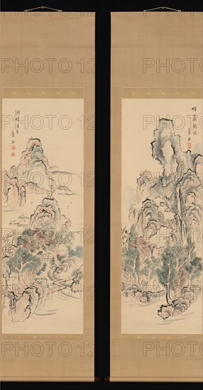 Fantastic Rocks with Cascading Waterfall; Fishing Boats by a Lake Hamlet, first half of 19th cent. Creator: Aiseki.