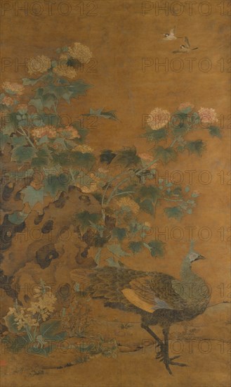 Peacock and Hollyhocks, mid-14th century. Creator: Bian Lu.