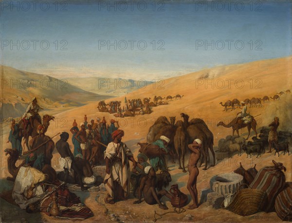 Halt of Caravans at the Wells of Saba (Beersheba) in the Desert South of Hebron, 1850. Creator: Charles-Louis-Frédy de Coubertin.